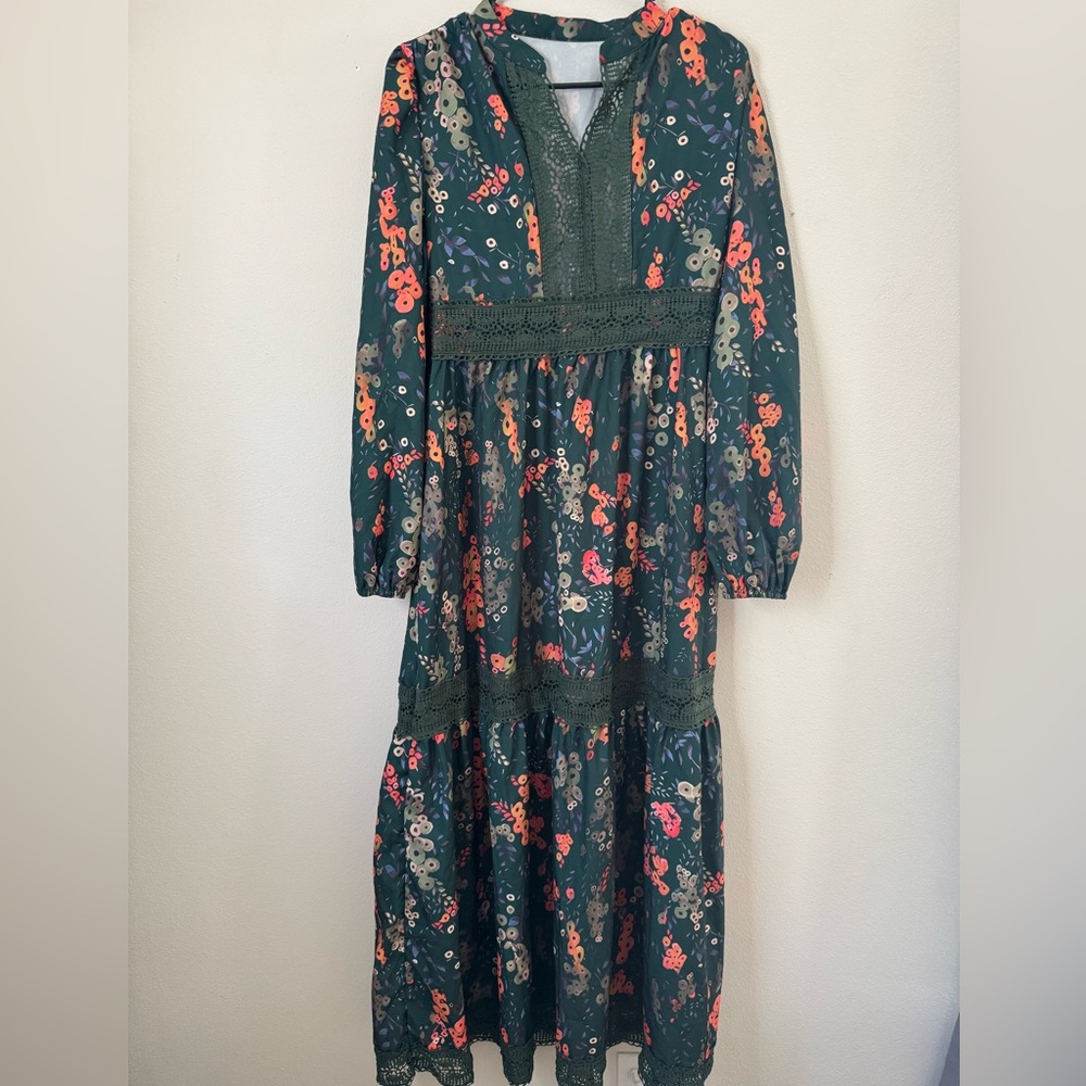 Green Floral Maxi with Lace Details